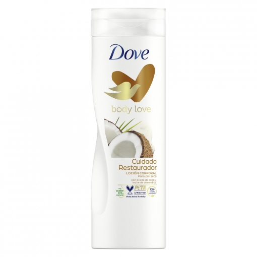 Loción corporal cuidado restaurador con aceite de coco y leche de almendras para piel seca Dove 400 ml.