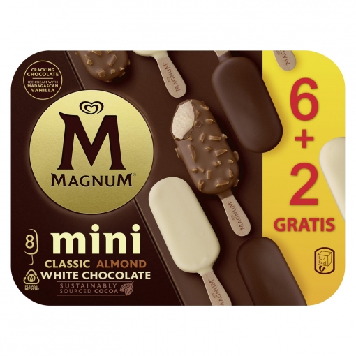 Mini bombón helado clásico, almendras y chocolate blanco Magnum sin gluten 6 ud.