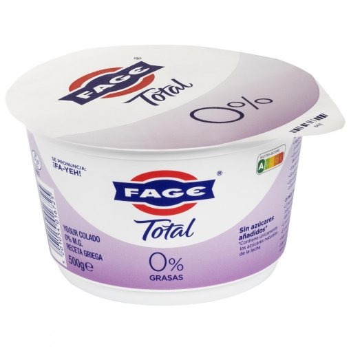 Yogur colado desnatado natural receta griega sin azúcar añadido Fage Total 500 g.