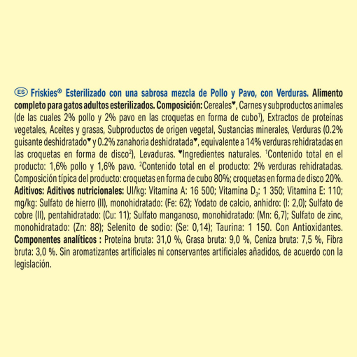 Pienso de pavo y pollo con verduras para gato esterilizado Purina Friskies 1,5 Kg.