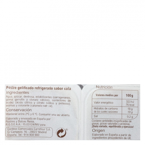 Gelatina sabor cola jellies Carrefour sin gluten pack de 6 unidades de 100 g.