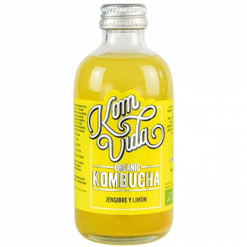 Kombucha de jengibre y limón ecológico Komvida sin gluten botella 25 cl.