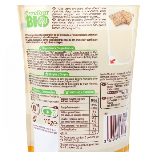 Crackers minis con queso emmental y semillas de lino ecológicos Carrefour Bio 110 g.