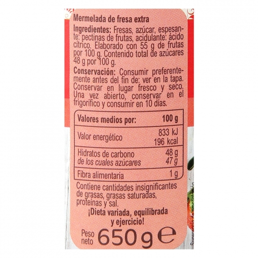 Mermelada de fresa catgoría extra Carrefour 650 g.