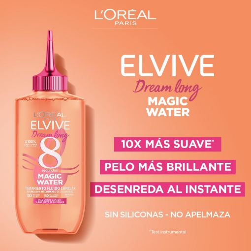 Tratamiento capilar de 8 segundos para cabellos largos y dañados con tecnología lamelar Elvive Dream Long Magic Water L'Oréal Paris 200 ml.