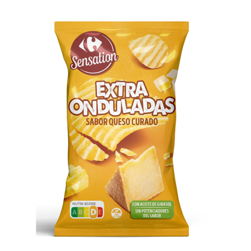 Patatas fritas onduladas sabor queso curado Sensation Carrefour sin guten 150 g.
