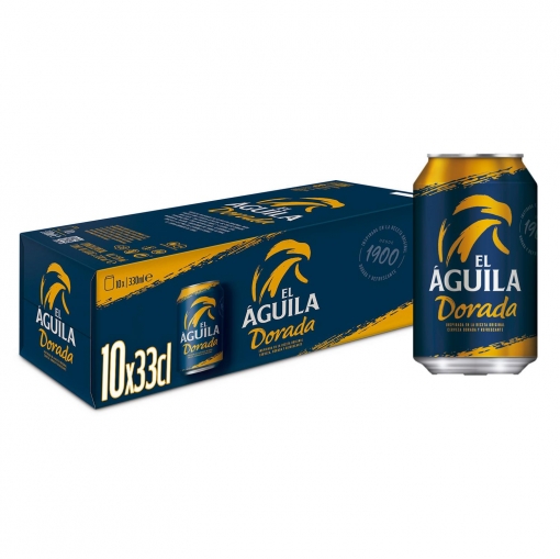 Cerveza El Aguila dorada pack de 10 latas de 33 cl.