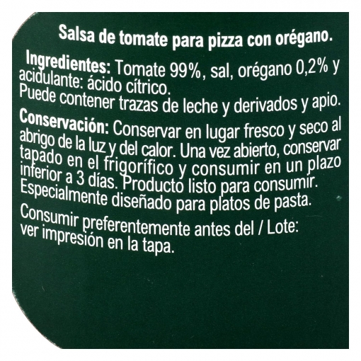 Salsa para pizza al orégano Carrefour sin gluten tarro 300 g.