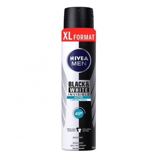Desodorante en spray Black&White Invisible Active Nivea Men 250 ml.