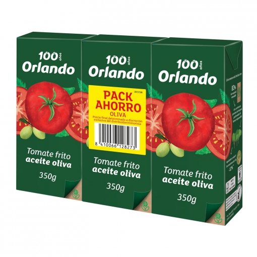 Tomate frito con aceite de oliva virgen extra Orlando pack de 3 briks de 350 g.