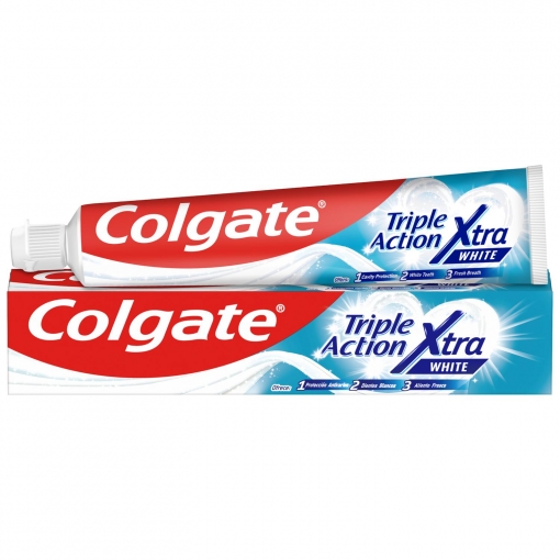 Dentífrico anticaries y dientes blancos Triple Action Extra White Colgate 75 ml.