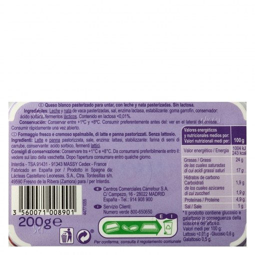 Queso para untar sin lactosa Carrefour No Lactosa 200 g.
