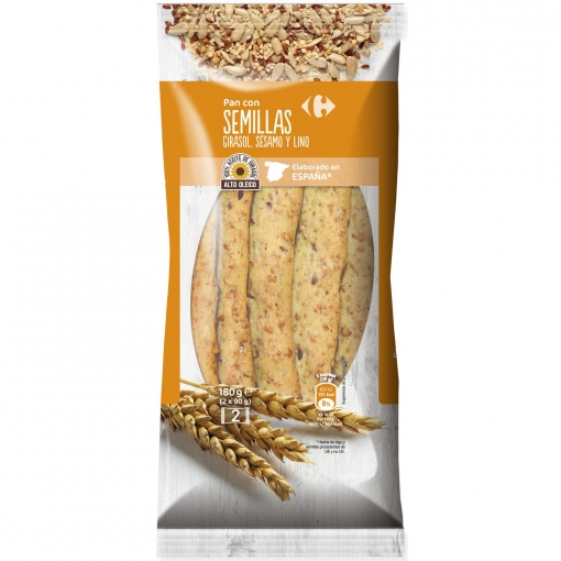 Palitos de pan con semillas de girasol, sésamo y lino Carrefour pack de 2x90 g.