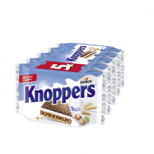 Barquillos rellenos de crema con leche y crema con praliné y cubierta al cacao Knoppers 5 unidades de 25 g. 