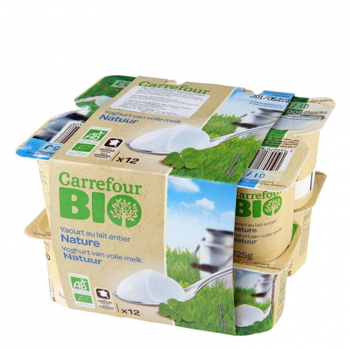 Yogur natural con leche pasteurizada ecológica Carrefour Bio pack de 12 unidades de 125 g.