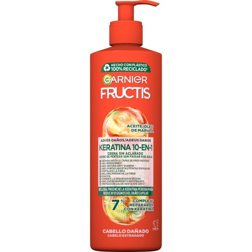 Crema sin aclarado 10-en-1 adiós daños con aceite de marula para cabello dañado Garnier Fructis 400 ml.