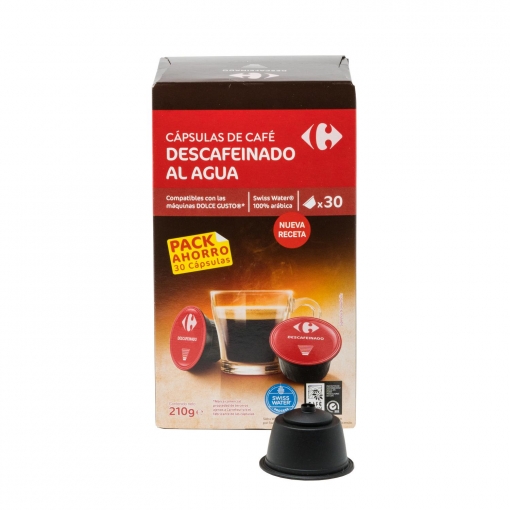 Café descafeinado al agua en cápsulas Carrefour compatible con Dolce Gusto 30 unidades de 7 g.