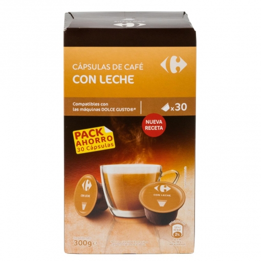 Café con leche en cápsulas Carrefour compatible con Dolce Gusto 30 unidades de 10 g.