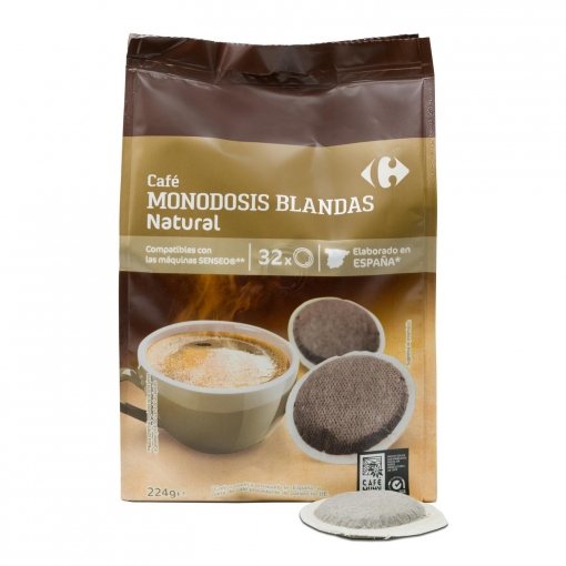 Café natural monodosis Carrefour compatible con Senseo 32 unidades de 7 g.