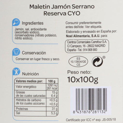 Jamón serrano reserva 50% raza duroc Calidad y Origén Carrefour pack de 10  sobres de 100 g | Carrefour Supermercado compra online