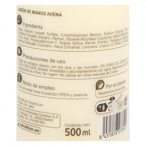 Jabón de manos avena Carrefour 500 ml.