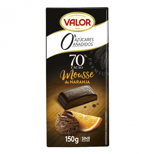 Chocolate negro 70% relleno de mousse de naranja sin azúcar añadido Valor sin gluten 150 g.