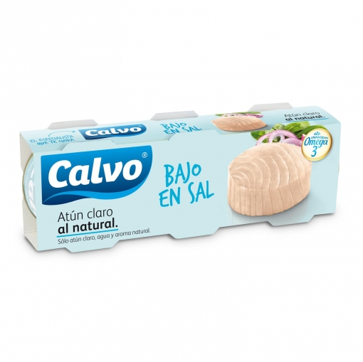Atún claro al natural bajo en sal Calvo pack de 3 latas de 56 g.