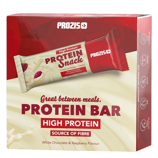 Barritas de proteínas sabor chocolate blanco y frambuesa Prozis pack de 6 barritas de 30 g.