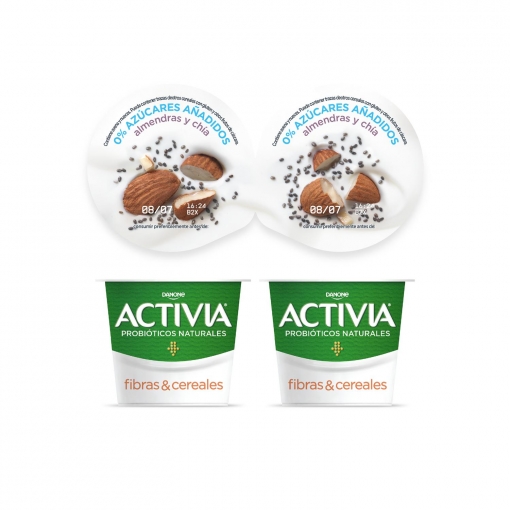 Yogur bífidus desnatado semillas con chía y almendras sin azúcar añadido Danone Activia pack de 4 unidades de 120 g.