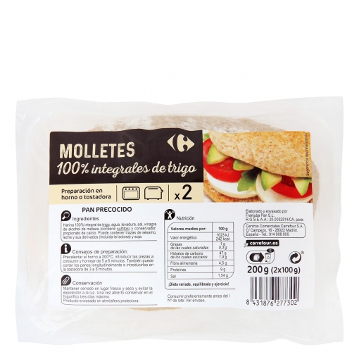 Molletes de pan integral para hornear o tostar Carrefour pack de 2 unidades de 100 g