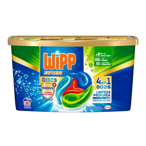 Detergente en cápsulas 4 en 1 limpieza profunda plus frescor activo antiolores Discs Wipp Express 30 ud.