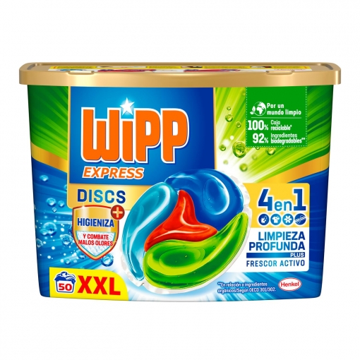 Detergente en cápsulas 4 en 1 limpieza profunda plus frescor activo antiolores Discs Wipp Express 50 ud.