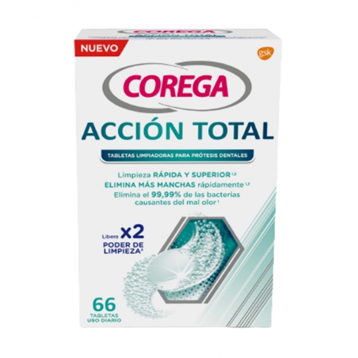 Tabletas limpiadoras para prótesis dentales, férula dental y ortodoncia acción total Corega 66 tabletas.