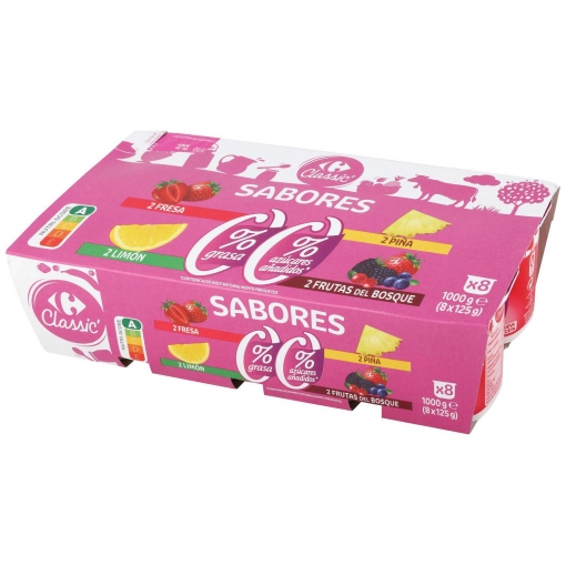 Yogur desnatado sabores Carrefour Classic' sin azúcar añadido pack de 8 unidades de 125 g.