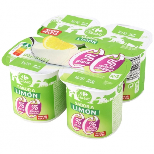 Yogur desnatado de limón sin azúcar añadido Carrefour Classic' pack de 4 unidades de 125 g.