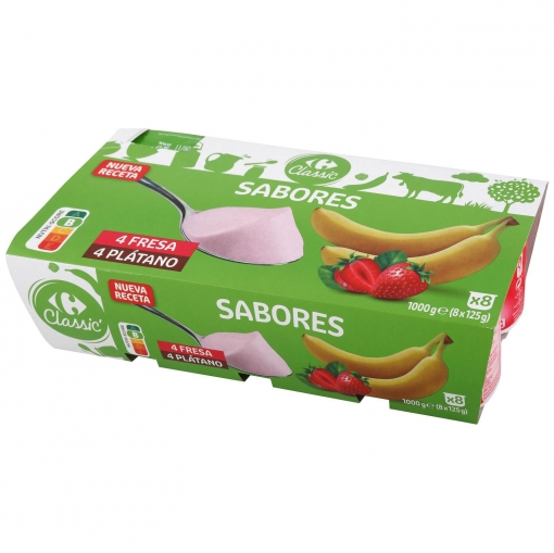 Yogur de fresa y plátano Carrefour Classic' pack de 8 unidades de 125 g.