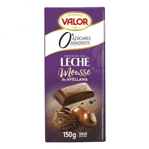 Chocolate con leche relleno de mousse de avellana sin azúcar añadido Valor sin gluten 150 g.