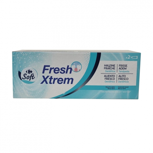 Dentífrico frescor extremo Carrefour Soft pack de 2 unidades de 75 ml.