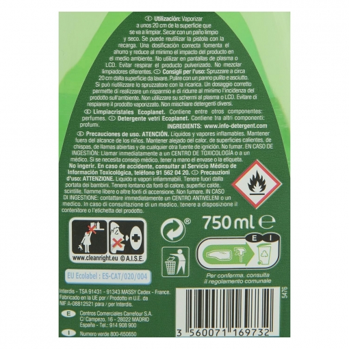 Limpiacristales ecológico Carrefour Ecoplanet 750 ml.