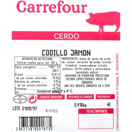 Codillo de jamón de cerdo Carrefour 450 g aprox
