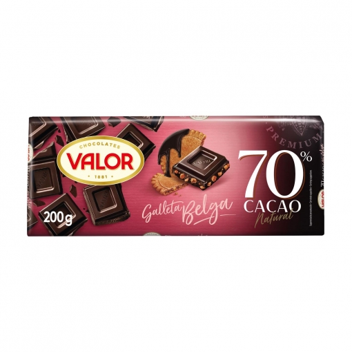 Chocolate negro 70% con galleta troceada Valor 200 g.