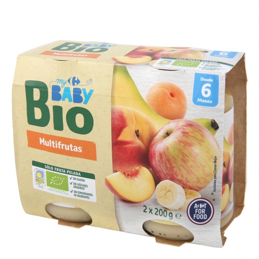 Tarrito multifrutas Ecológica Carrefour Baby Bio desde 6 meses pack de 2 unidades de 200 g.