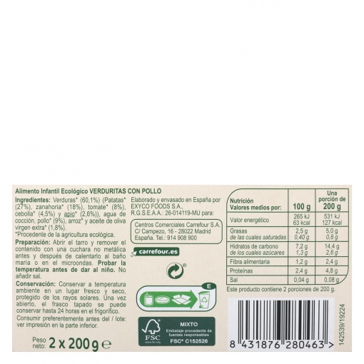 Tarrito de verduritas con pollo desde 6 meses ecológico Carrefour Baby Bio pack de 2 unidades de 200 g