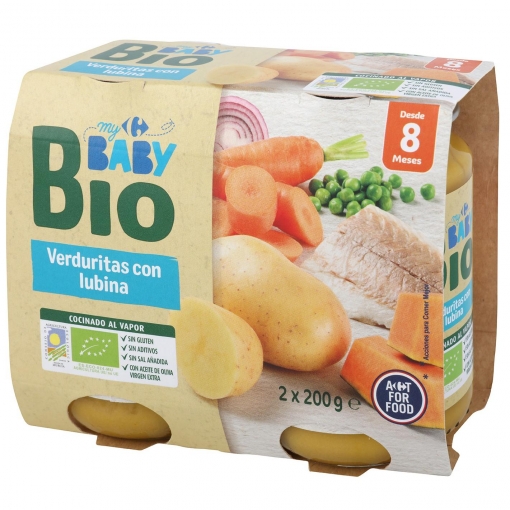 Tarrito de verduras con lubina desde 8 meses ecológico Carrefour Baby Bio sin gluten pack de 2 unidades de 200 g.
