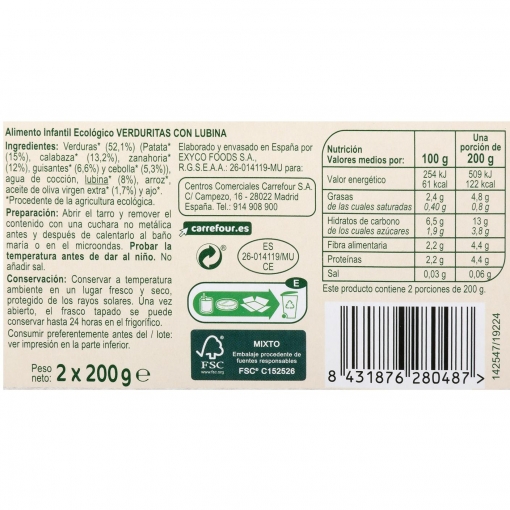 Tarrito de verduras con lubina desde 8 meses ecológico Carrefour Baby Bio sin gluten pack de 2 unidades de 200 g.
