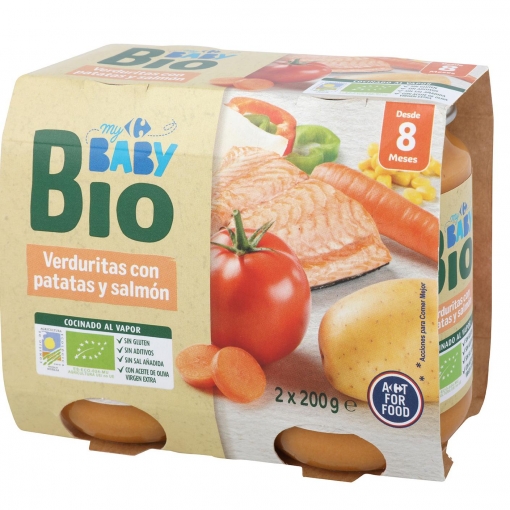 Tarrito de verduritas con papata y salmón desde 8 meses ecológico Carrefour Baby Bio sin gluten pack de 2 unidades de 200 g.