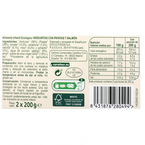 Tarrito de verduritas con papata y salmón desde 8 meses ecológico Carrefour Baby Bio sin gluten pack de 2 unidades de 200 g.
