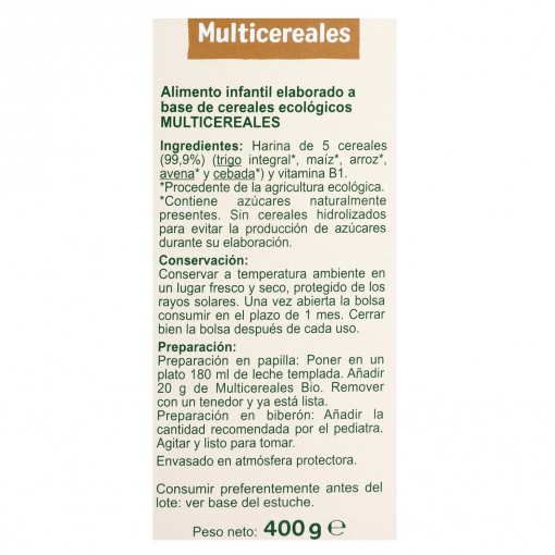 Papilla multicereales desde 6 meses ecológica Carrefour Baby Bio 400 g.