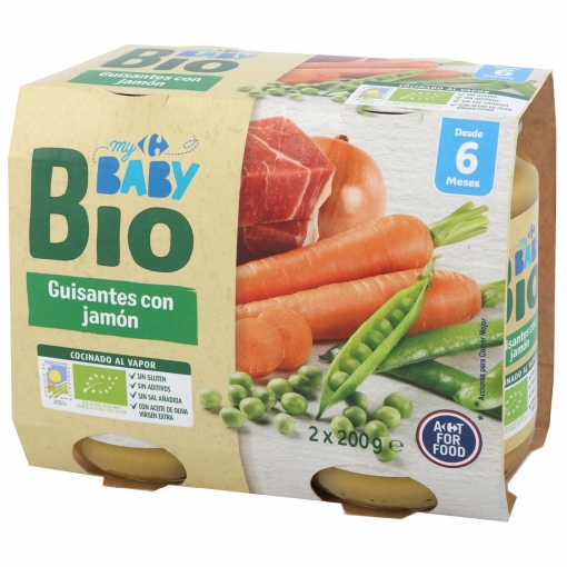 Tarrito de guisantes con jamón desde 6 meses ecológico Carrefour Baby Bio pack de 2 unidades de 200 g