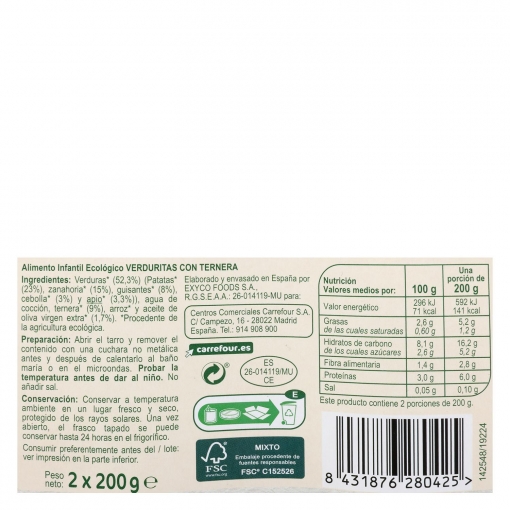 Tarrito de verduritas con ternera desde 6 meses ecológico Carrefour Baby Bio pack de 2 unidades de 200 g